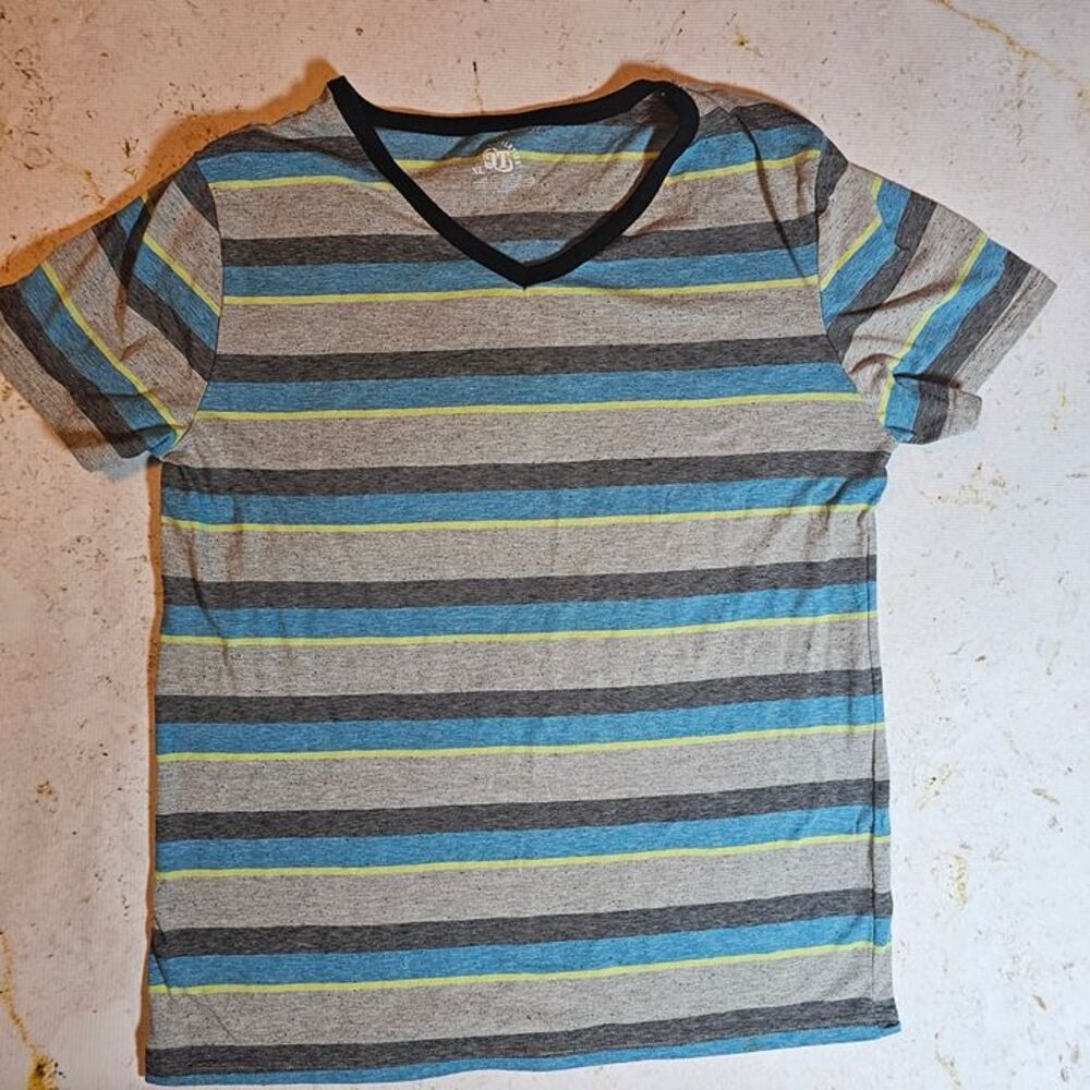 EUC Revolution Men's Size XL Striped V-Neck T-Shirt Blue Gray Lime Short Sleeve